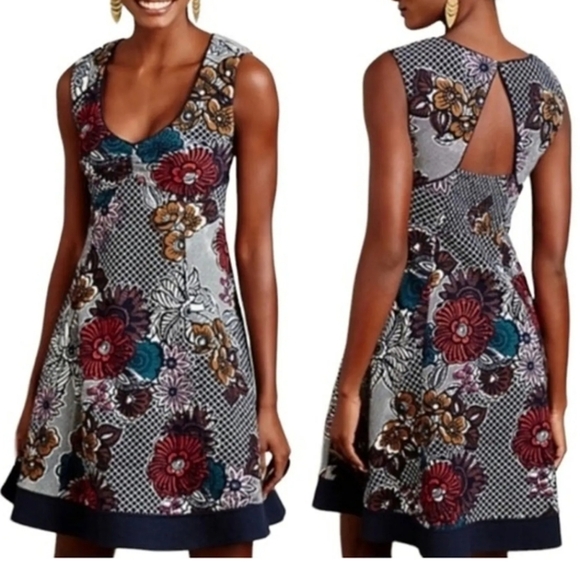 SALE Anthropologie Maeve Fairchild Flared Dress Fit & Flare Floral Stretch Large - Picture 3 of 9